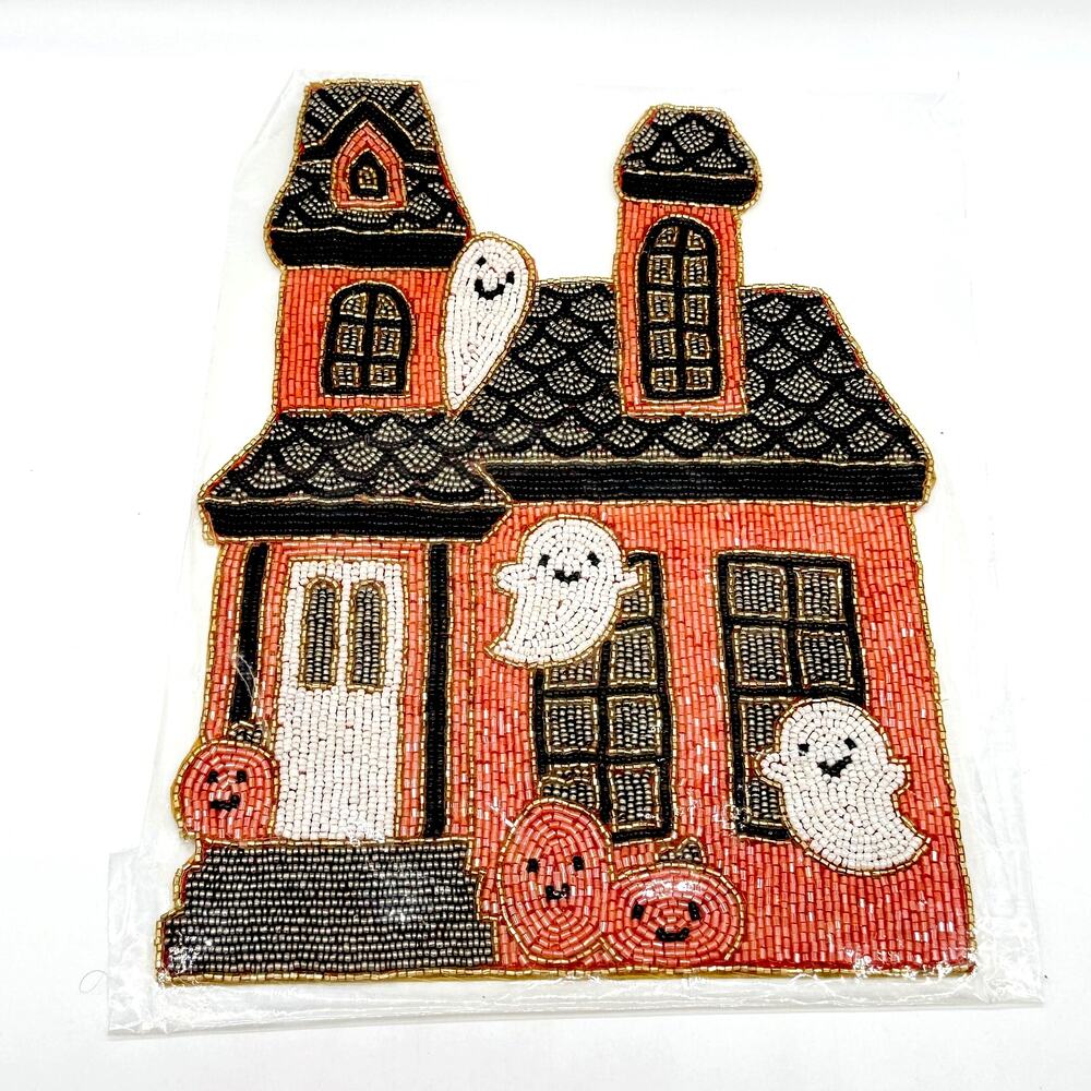 Rachel Zoe Figural Orange Haunted House w/ Ghosts Beaded Placemat Charger NEW